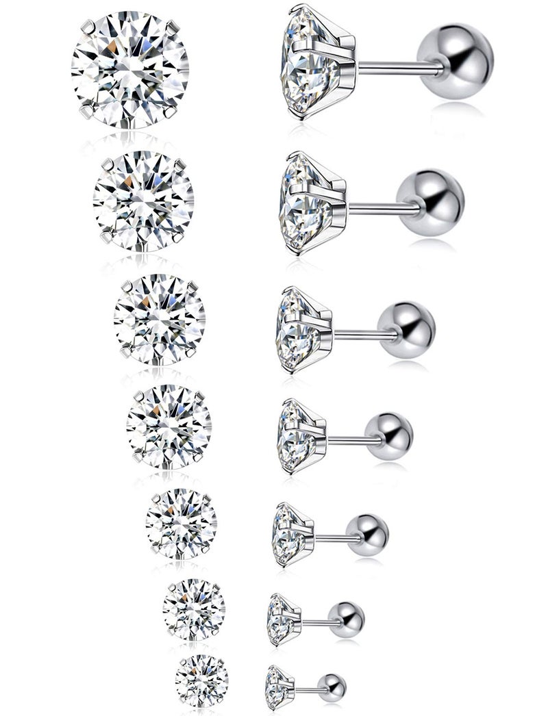 Tornito 7 Pairs 20G Stainless Steel Stud Earrings Round Cubic Zirconia Barbell Earring Set For Men Women 2MM-8MM Silver Tone - Image 1